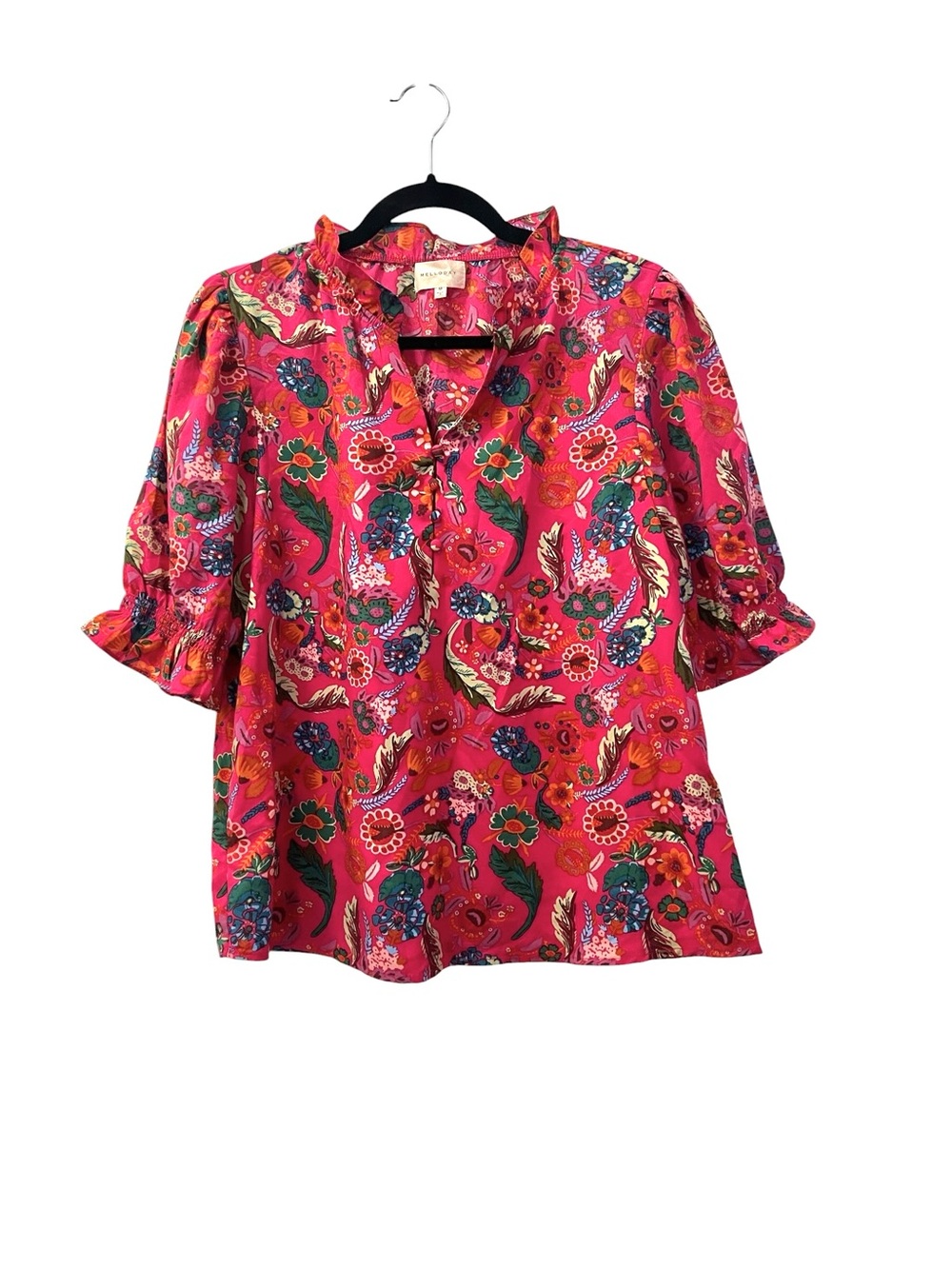 MELLODAY Bright Pink Floral Ruffle-Neck Blouse | Botanical Print | Puff Sleeve M